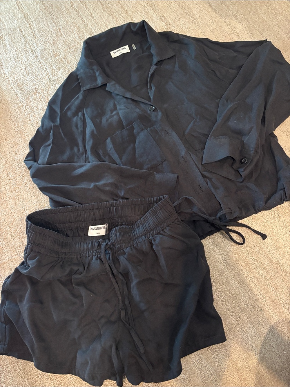 LNA Black Button-Front Relaxed Shirt with Drawstring Shorts